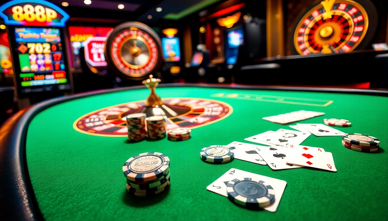 Experience the thrilling action of 888P casino with vibrant poker tables and spinning roulette wheels.