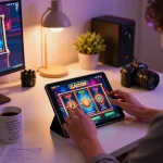 Person strategizing winnings with slot gacor on tablet in a cozy home gaming setup