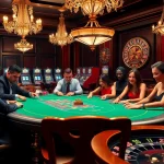 Players enjoying a thrilling poker game at https://xx88.gb.net/ with vibrant slot machines and a roulette wheel in the background.