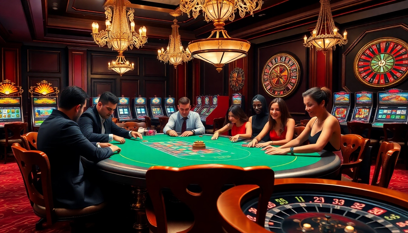 Players enjoying a thrilling poker game at https://xx88.gb.net/ with vibrant slot machines and a roulette wheel in the background.