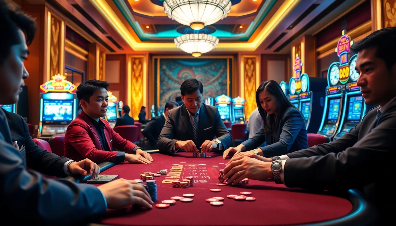 Engaging scene of players enjoying poker and slots at 88nn casino, highlighting vibrant gambling atmosphere.