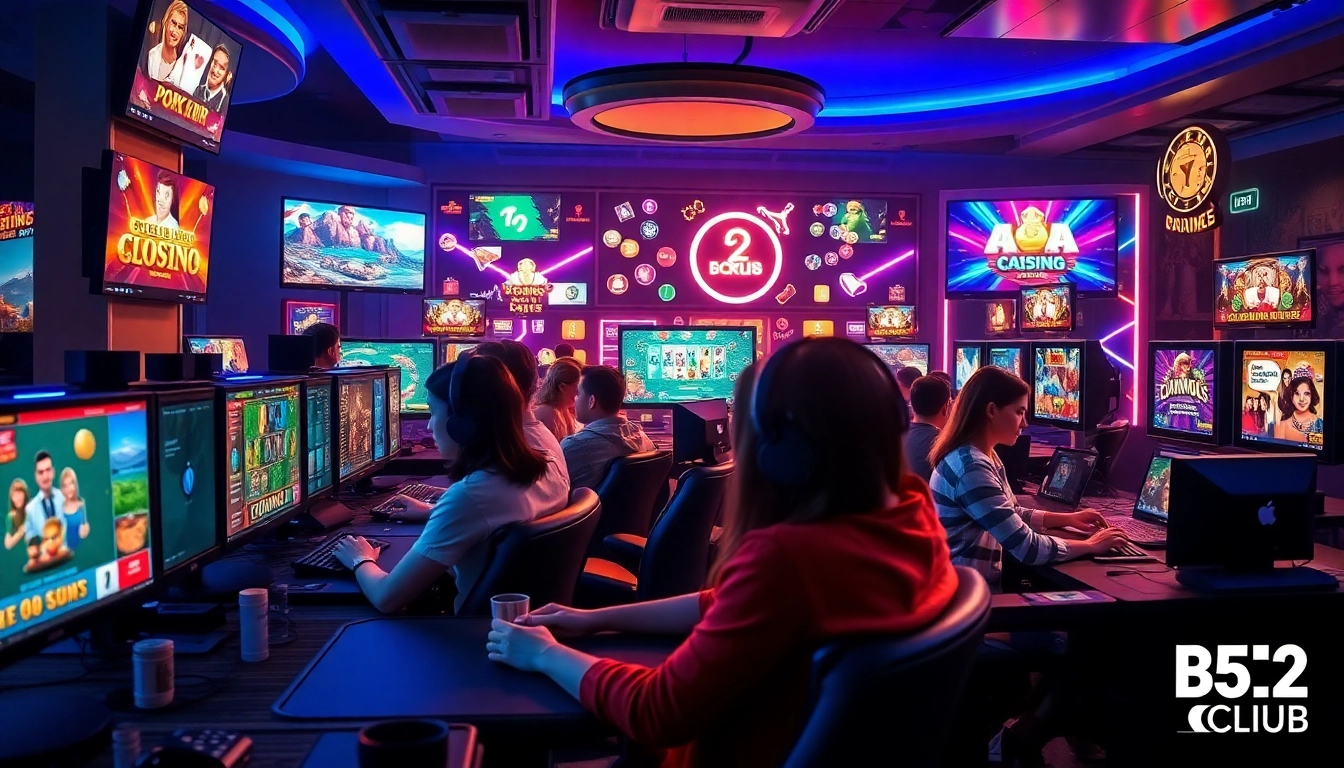 B52 Club online gaming experience with diverse players enjoying poker and slots in a vibrant atmosphere.