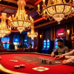 Players competing at a THABET poker table, surrounded by vibrant casino elements and digital betting interfaces.