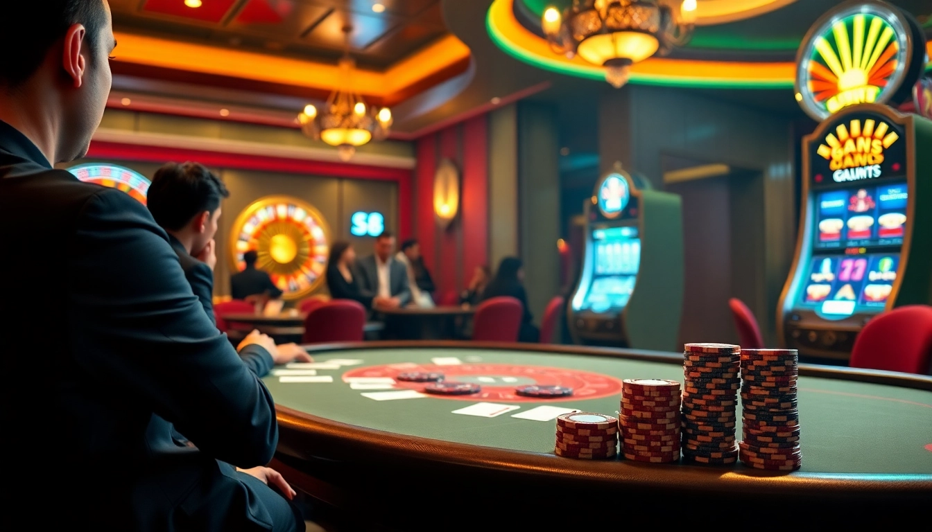 S8 casino scene showcasing players at a poker table and a lively roulette wheel.