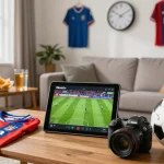 Excited fan watching soccer on Okwintv tablet with jerseys and memorabilia in a cozy living room.