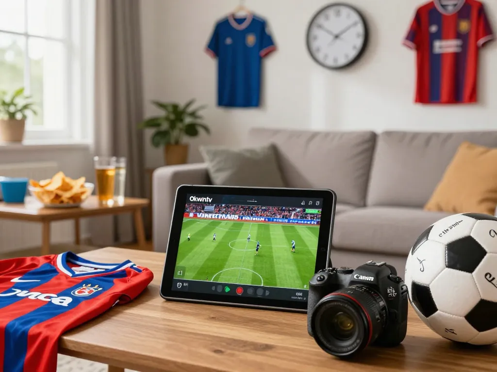 Excited fan watching soccer on Okwintv tablet with jerseys and memorabilia in a cozy living room.