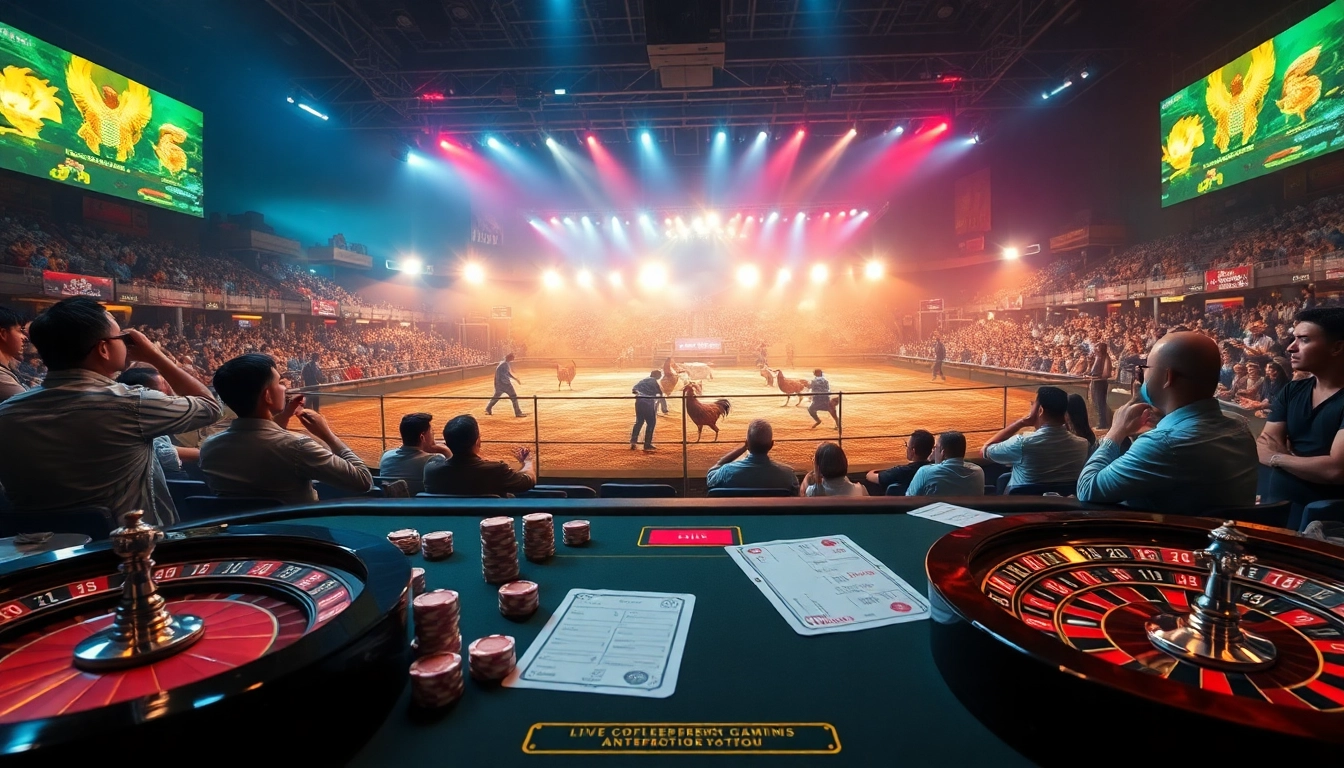 Experience the thrilling action of đá gà trực tiếp as bets are placed in an intense gambling atmosphere.