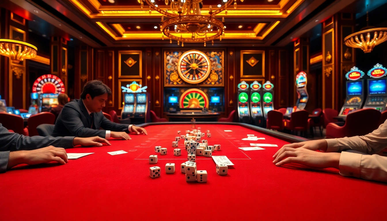 Tài xỉu md5 players engaging in a thrilling online dice game at a luxurious casino table.