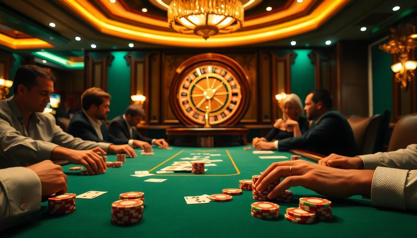Engage with u888 at a luxurious casino poker table surrounded by excitement and professional players.