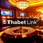 A dynamic casino environment highlighting Thabet link, with players engaging at a roulette table and colorful gaming elements.