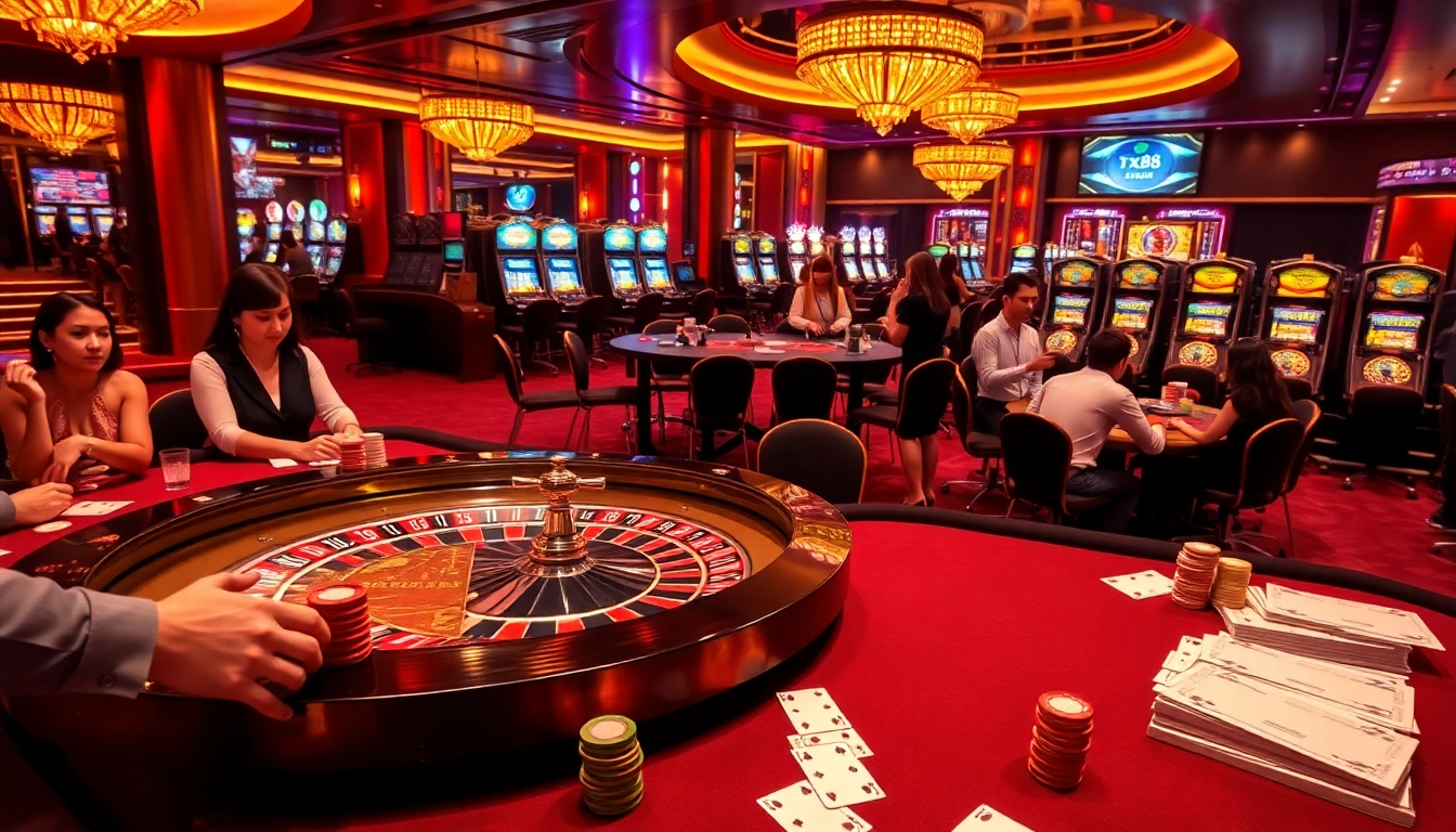 Experience thrilling action at a casino with tx88 tables, vibrant poker chips, and a roulette wheel.