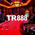 Engaged players placing bets at a luxury casino table with TR88 themed poker chips.