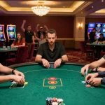 Players strategizing in an intense poker game at an upscale casino with vibrant atmosphere and rich decor.