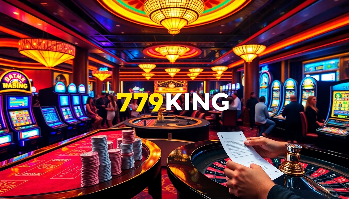 A lively casino scene with players enjoying games at 79KING, featuring poker chips, roulette wheel, and slot machines.