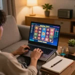 Engaging in online gaming with slot gacor 777 on laptop, tracking strategies comfortably at home.