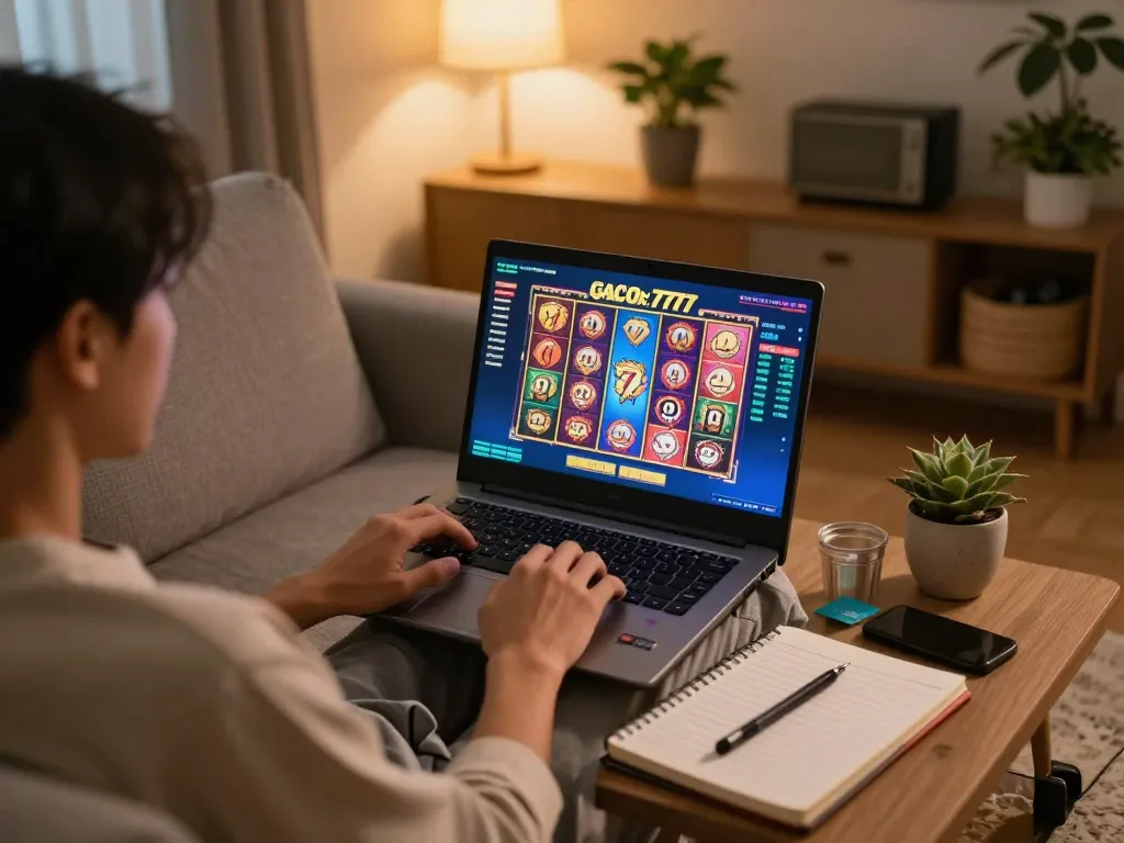 Engaging in online gaming with slot gacor 777 on laptop, tracking strategies comfortably at home.