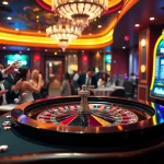 Nohu90 players celebrate victories at a vibrant casino roulette table surrounded by luxury.
