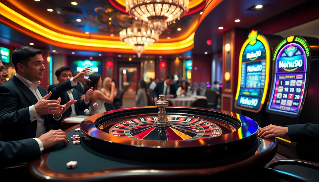 Nohu90 players celebrate victories at a vibrant casino roulette table surrounded by luxury.