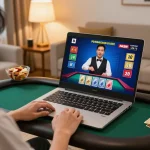 Player enjoying live dealer game at NK88 on laptop in cozy home setting