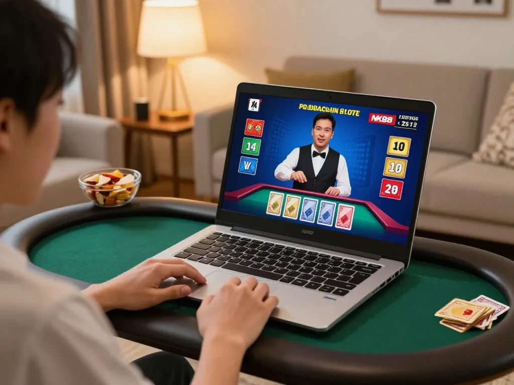 Player enjoying live dealer game at NK88 on laptop in cozy home setting