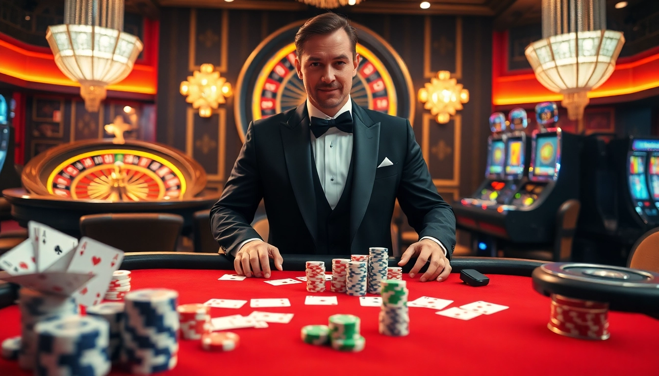 Experience the excitement of gambling at lv88 casino with cards, chips, and a roulette wheel.