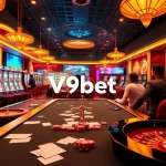 High-stakes players enjoying V9bet’s luxurious casino experience with poker tables and slot machines.