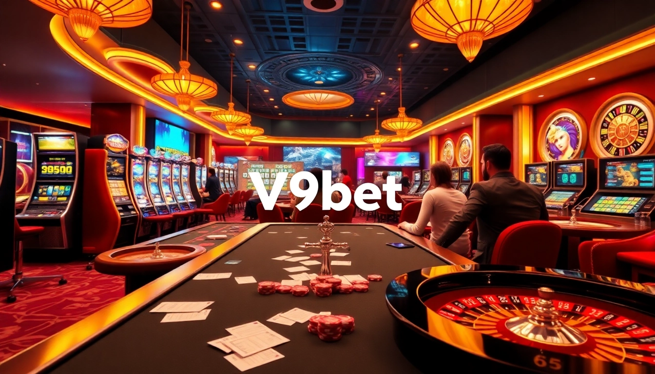 High-stakes players enjoying V9bet’s luxurious casino experience with poker tables and slot machines.
