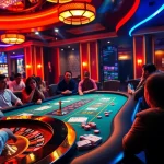 Excited players engage at the 79 king poker table in a vibrant casino setting.