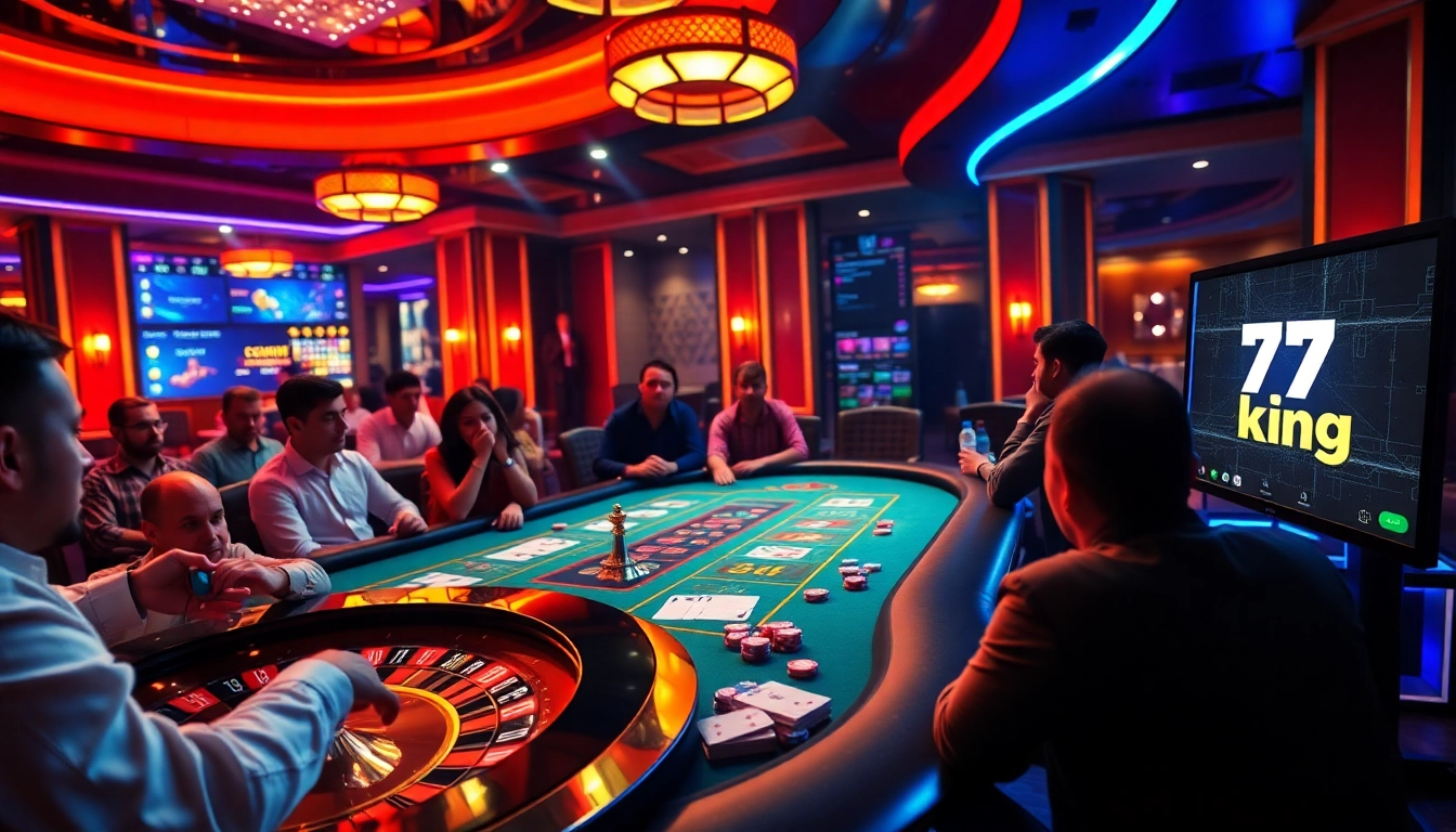 Excited players engage at the 79 king poker table in a vibrant casino setting.