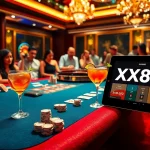 Players enjoying high-stakes poker at XX88, surrounded by vibrant casino elements.