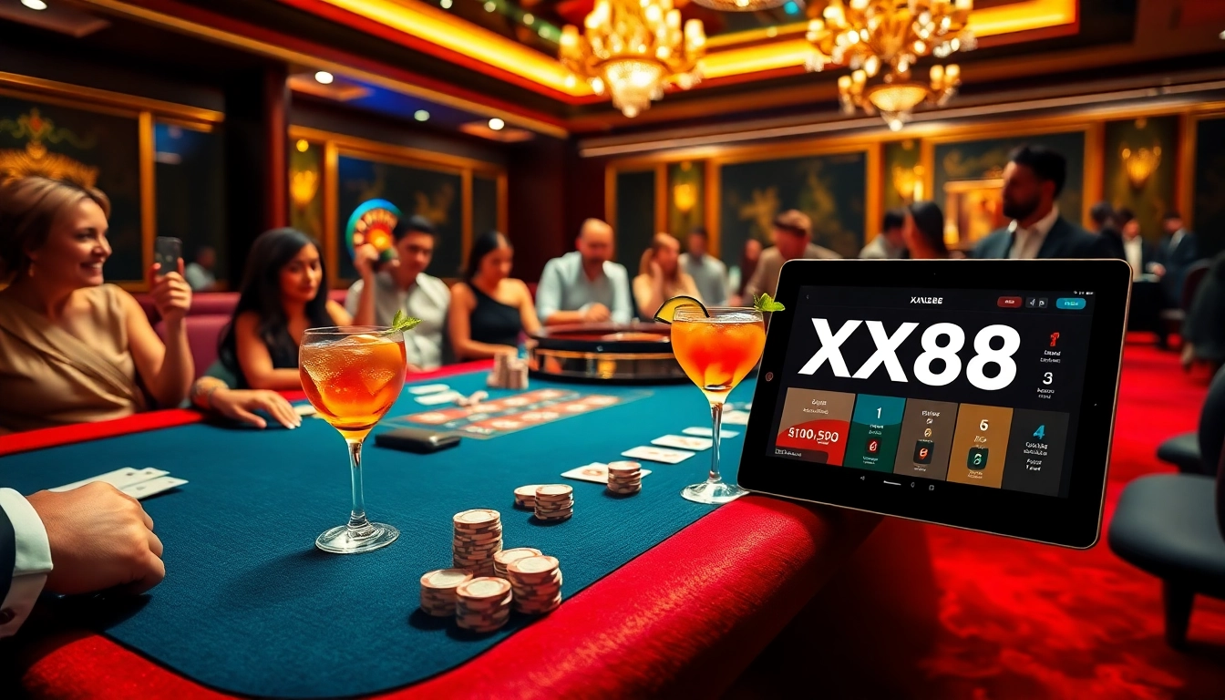 Players enjoying high-stakes poker at XX88, surrounded by vibrant casino elements.