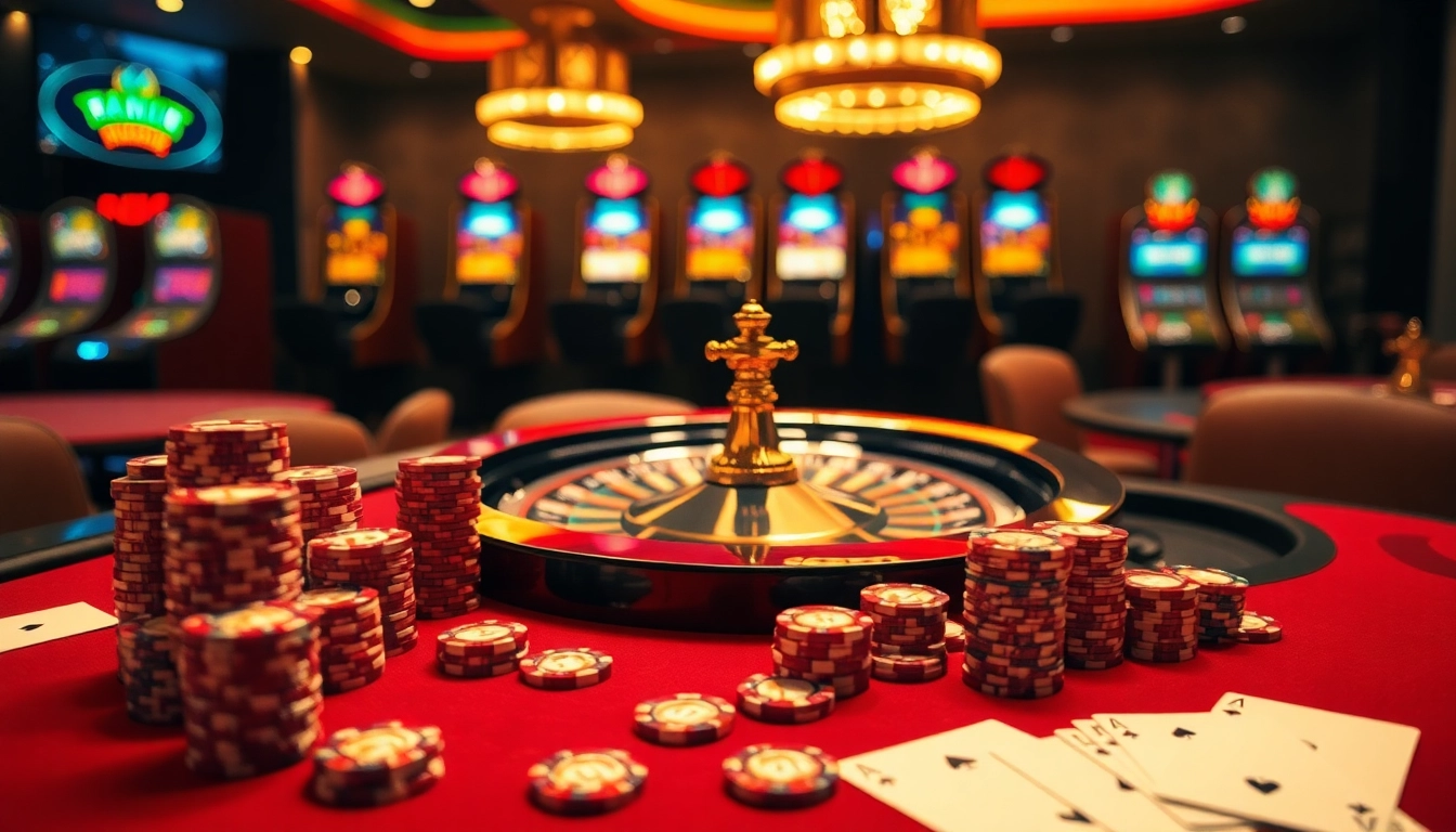 Experience thrilling gameplay at RR88 link with vibrant casino scenes showcasing poker tables and roulette wheels.