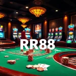 Experience the thrill of betting at RR88 with vibrant casino tables and spinning roulette wheels.