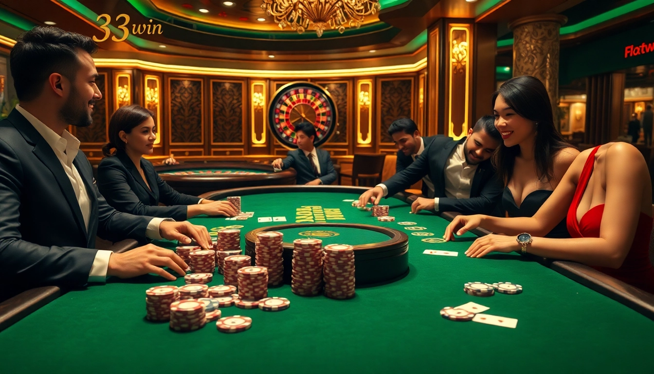33win casino scene featuring an elegant poker table with players engaged, highlighting excitement and luxury.