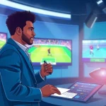 Exciting studio scene on Trang chủ CakhiaTV with a sports commentator engaging viewers.