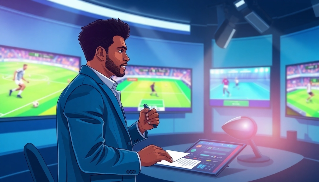 Exciting studio scene on Trang chủ CakhiaTV with a sports commentator engaging viewers.