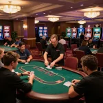 Engaged players strategizing at Red88 poker table, vibrant casino atmosphere.
