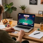 Engaging online gaming session at home featuring km777 poker interface, showcasing player's strategic play.