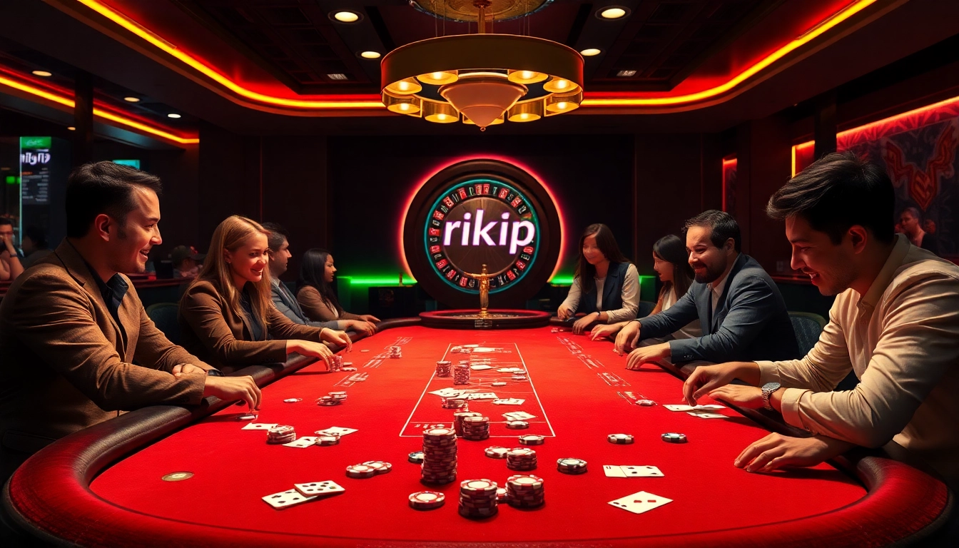Players enjoying a thrilling poker game at the rikvip casino with vibrant chips and a roulette wheel.