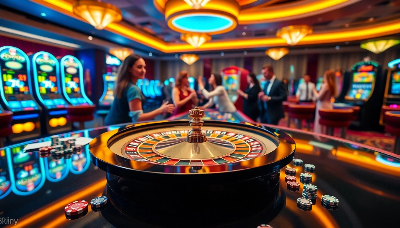 Players engaging at the roulette table and slot machines at 33win casino, showcasing excitement and luxury.