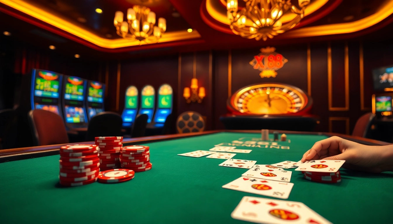 Experience intense gaming action with XX88's luxurious poker table and vibrant slots.