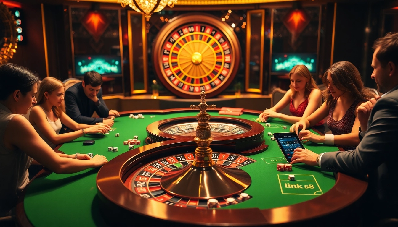 Gamble with excitement at link S8 in a luxurious casino scene featuring poker tables and roulette.