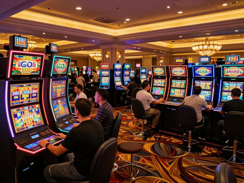 Players engaging with vibrant slot machines at GO8's online casino, showcasing an exciting gambling experience.