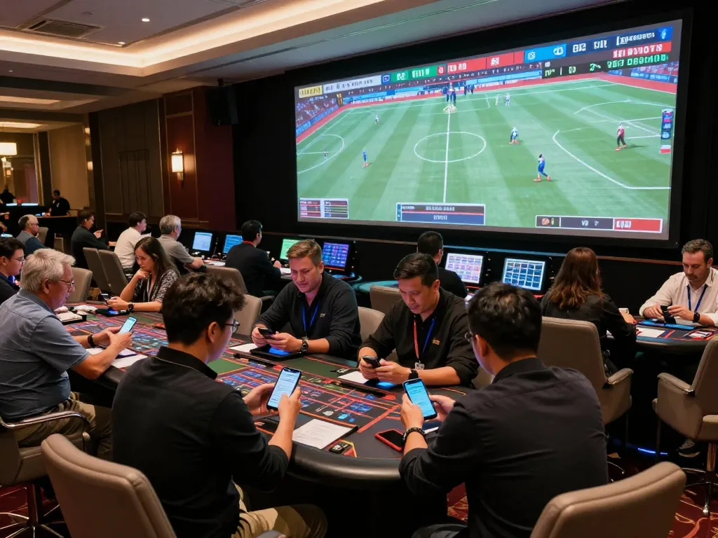 Tỷ lệ kèo nhà cái showcased in a vibrant sports betting area, patrons intensely engaged with live match displays and smartphone apps.