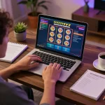 Player strategizing on laptop while enjoying a game of slot777 in a cozy setup.