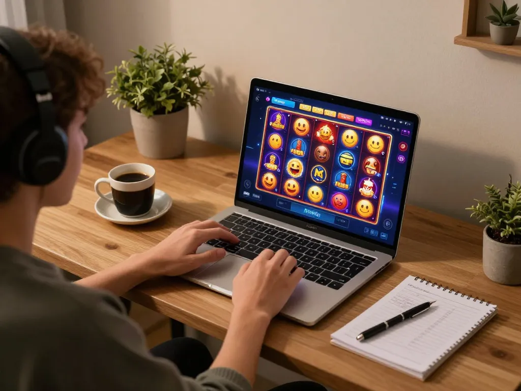 AUDPlay user engaging with online pokies in a stylish home office with cozy ambiance.
