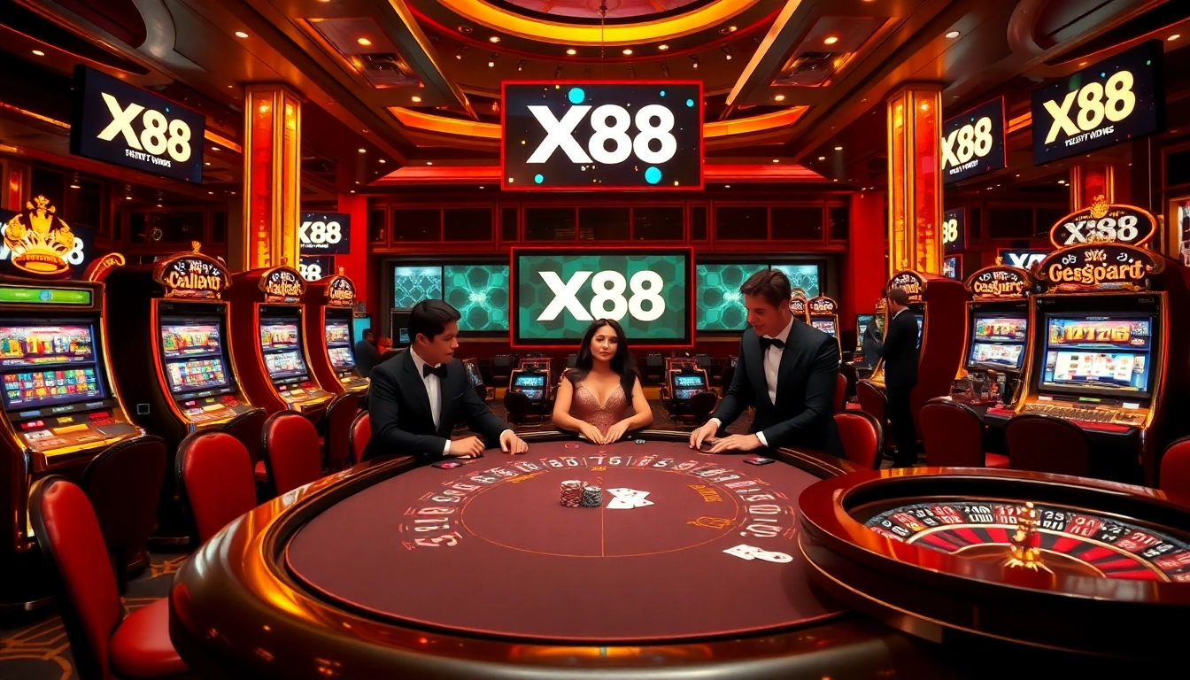Players enjoying high-stakes poker at XX88 casino, surrounded by vibrant gaming machines.
