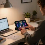 F168 user enjoying live dealer games on tablet in cozy home office