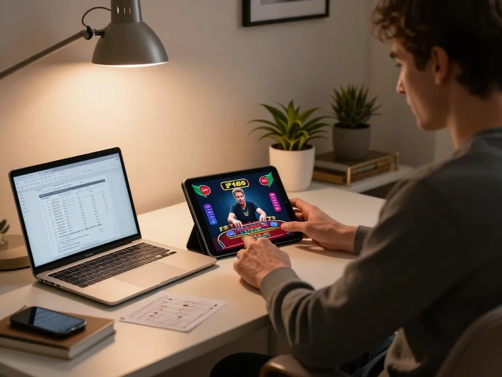 F168 user enjoying live dealer games on tablet in cozy home office