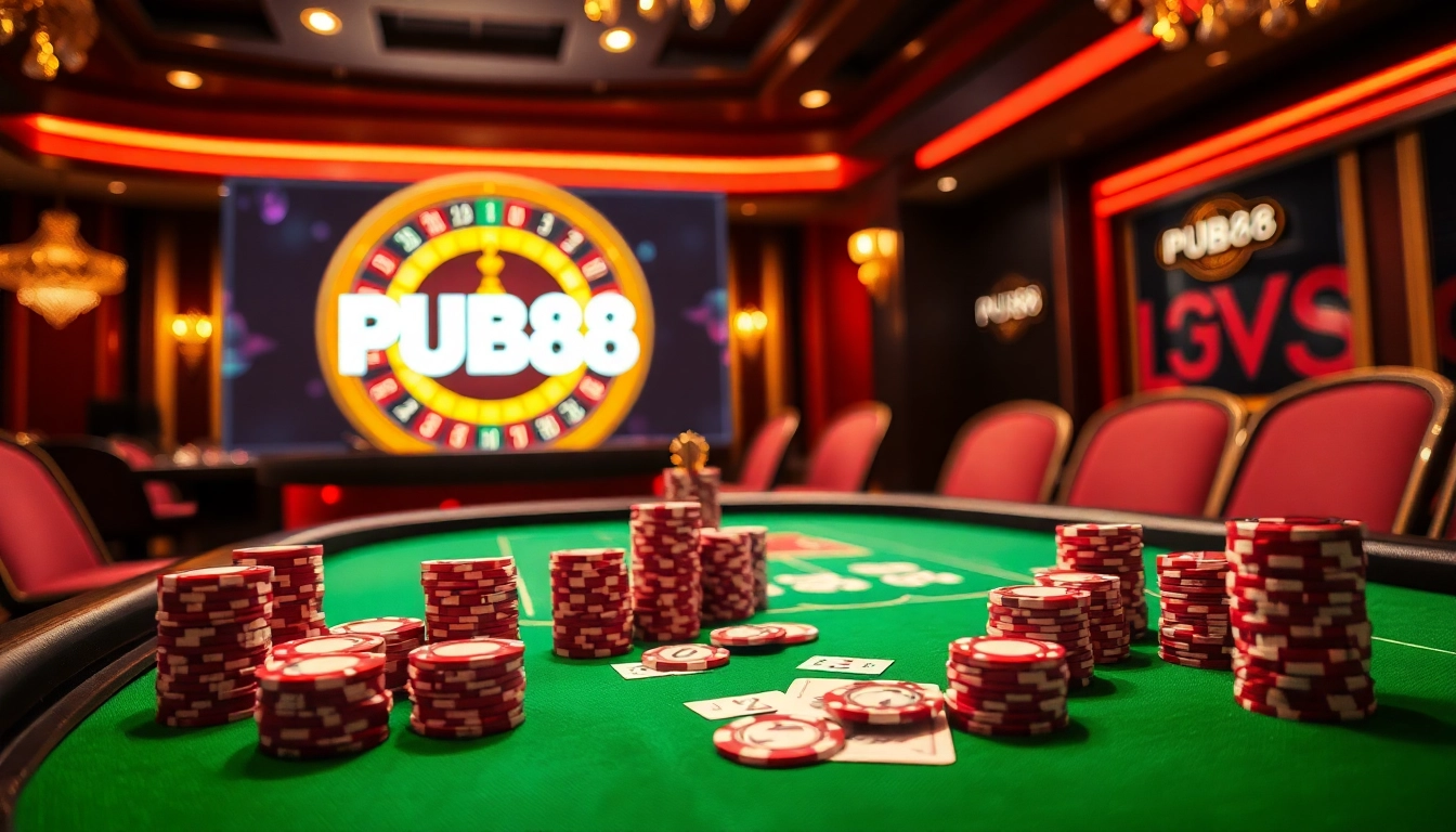 PUB88 poker table with vibrant chips and cards in a luxurious casino setting.